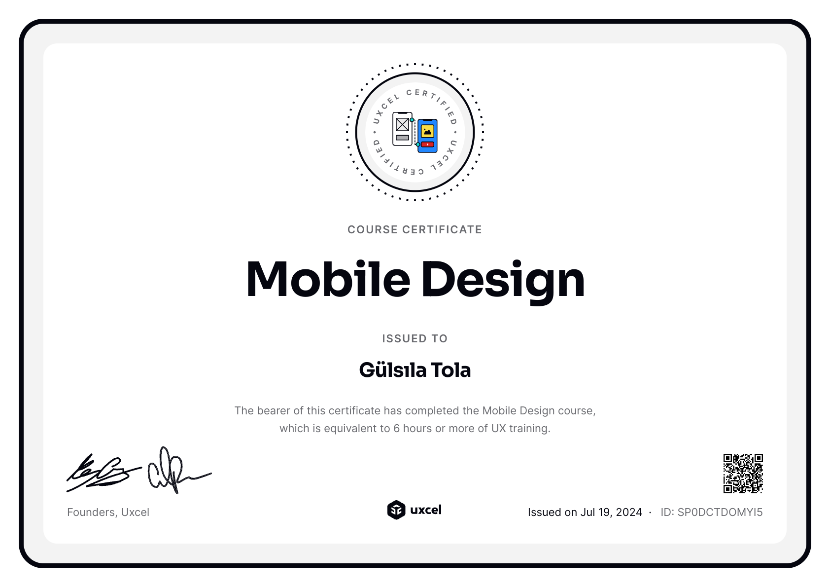 Gülsıla Tola's certificate